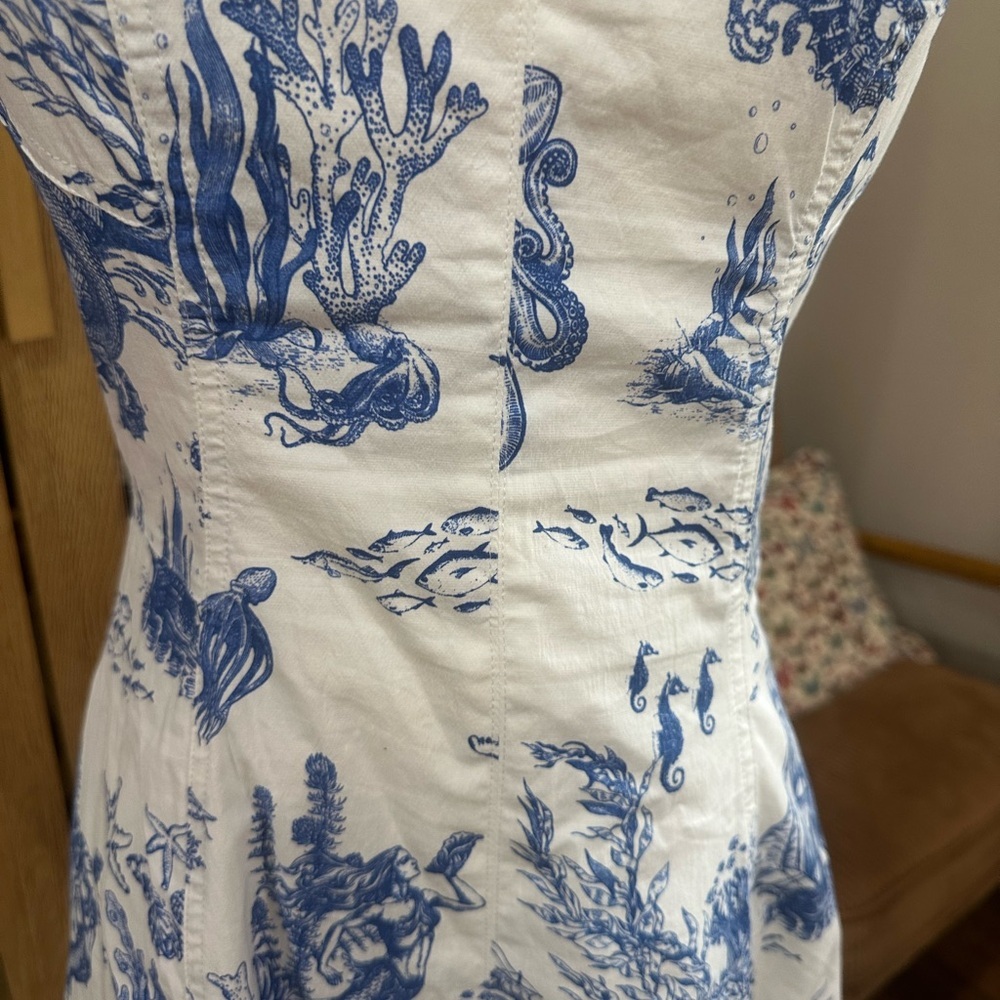 Avec Les Filles Blue Toile Coastal Print Fit & Flare Dress Size 6 Cottagecore - Picture 2 of 8